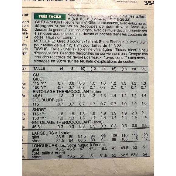 butterick sewing pattern 3543 vest pants shirt size 12 14 16 - Picture 5 of 6